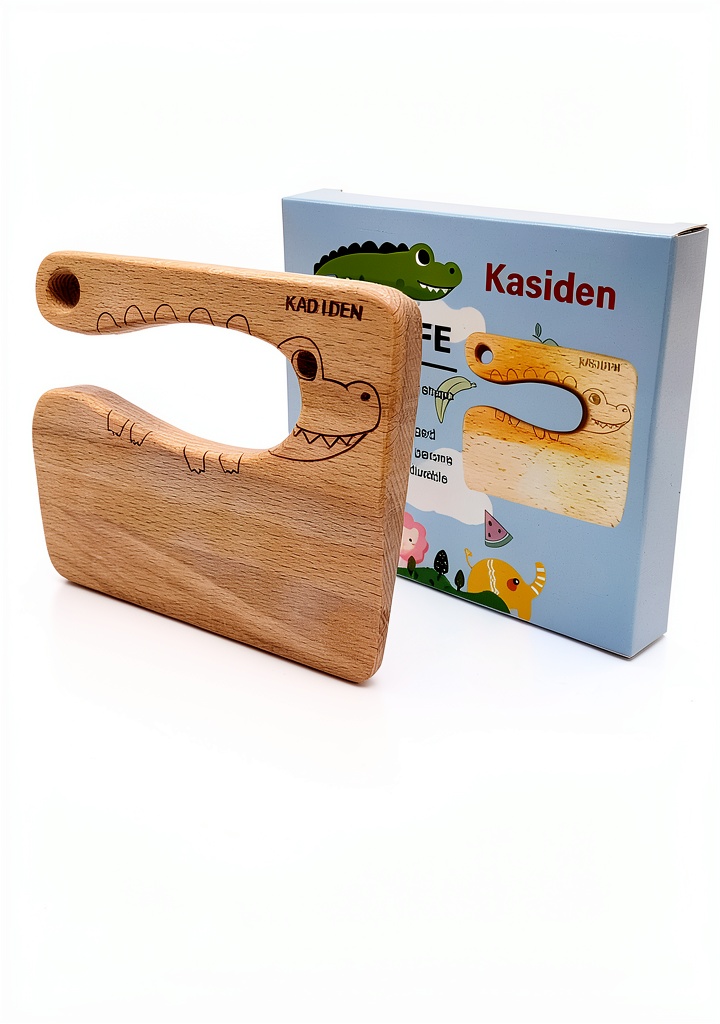 'Kasiden wooden kids knife cutting strawberries on a kitchen counter'