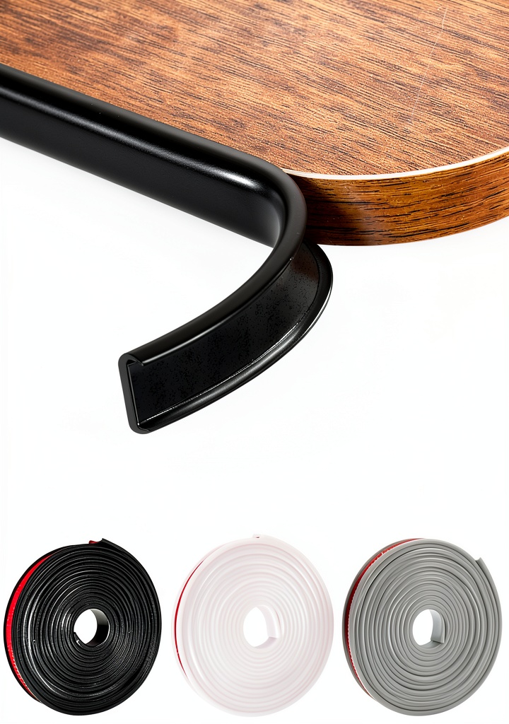 'JSIWOTH black TPE edge trim applied to a kitchen cabinet edge'
