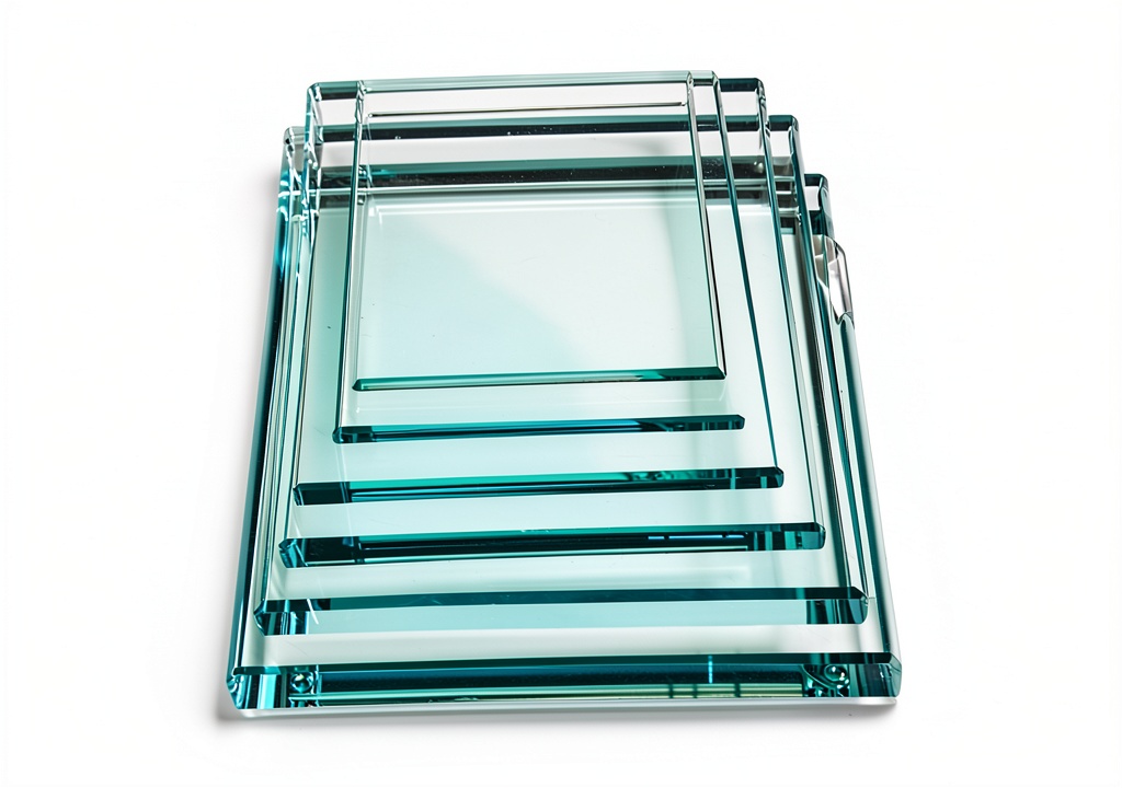 Custom cut tempered glass panel installed on a modern kitchen shelf